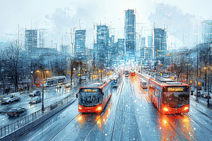 Futuristic Urban Transportation With Buses On A Rainy City Street