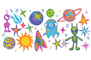 Set of childish crayon space objects, an Object Illustration by art PVP - market