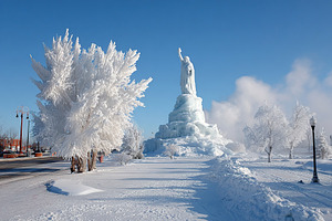 Frozen statue stands tall against a bright blue sky in winter wonderland, a Photo by AlyaAnd
