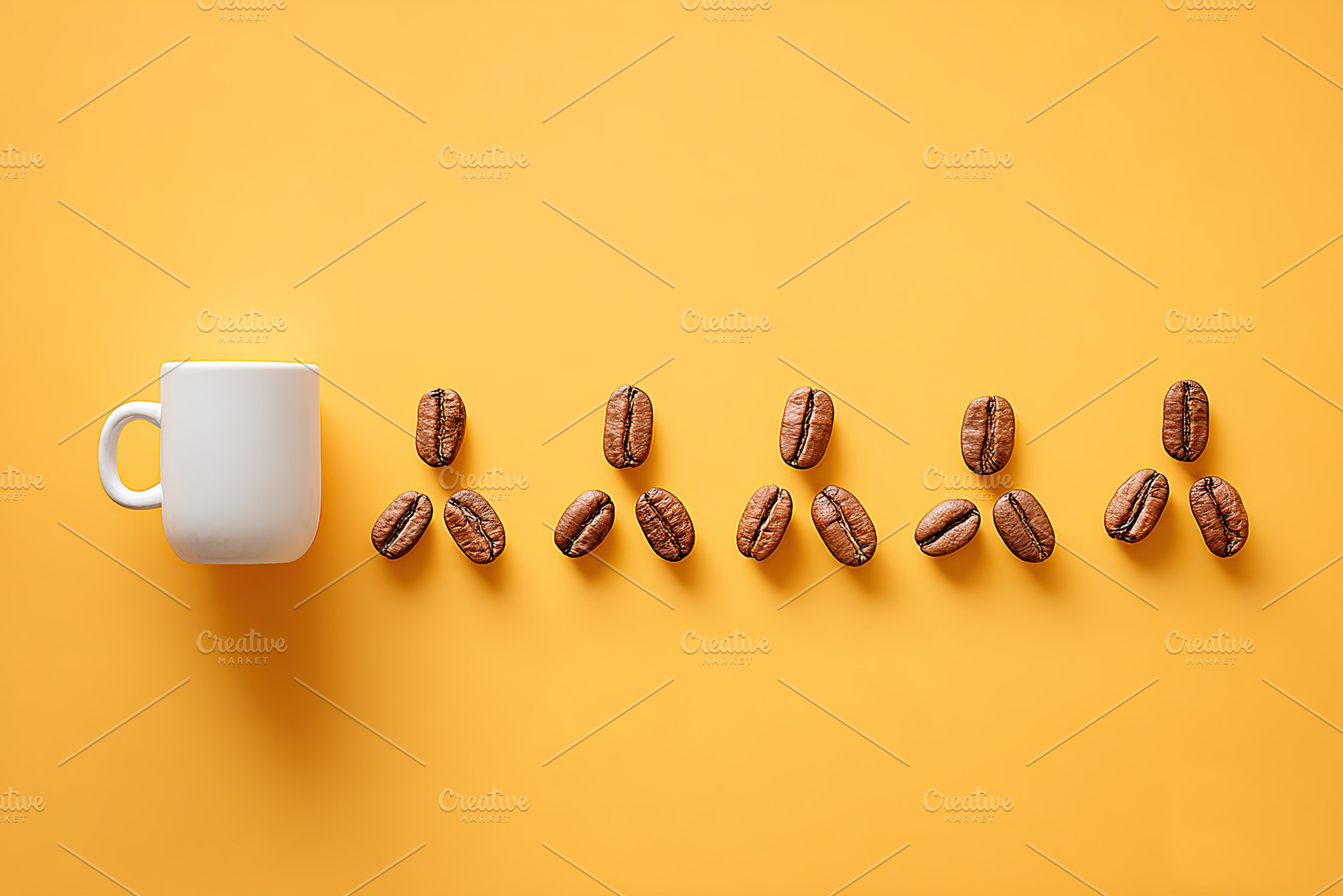 Beans arranged to create the appearance of walking into a mug on a bright backg, a Food & Drink Photo by AlyaAnd