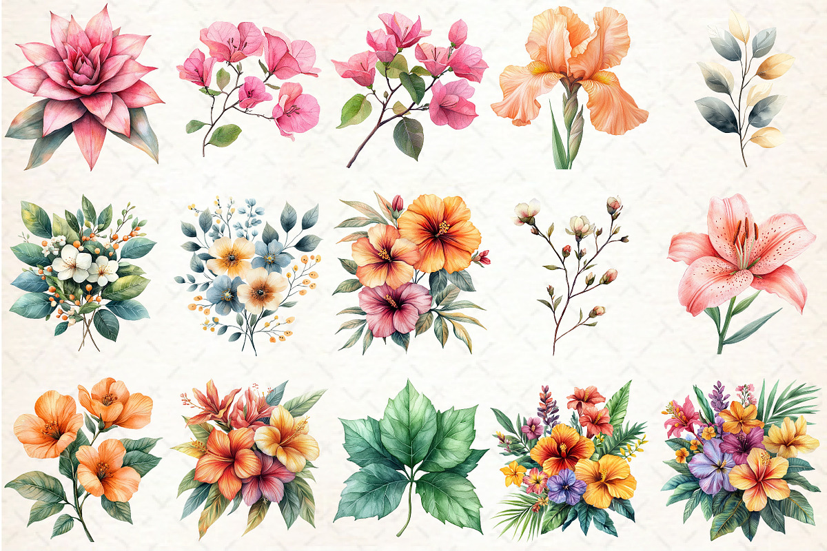 Watercolor Tropical Flowers Clipart, a Seasonal Illustration by Rose Art (Photo 2 of 6)