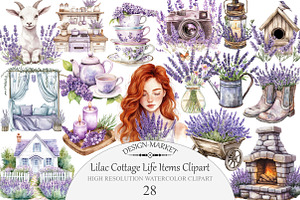 Watercolor Lilac Cottage Life Items, an Illustration by Design Market