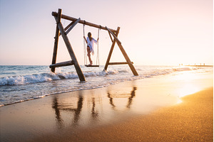 Happy young woman on wooden swing in, a Person Photo by den-belitsky