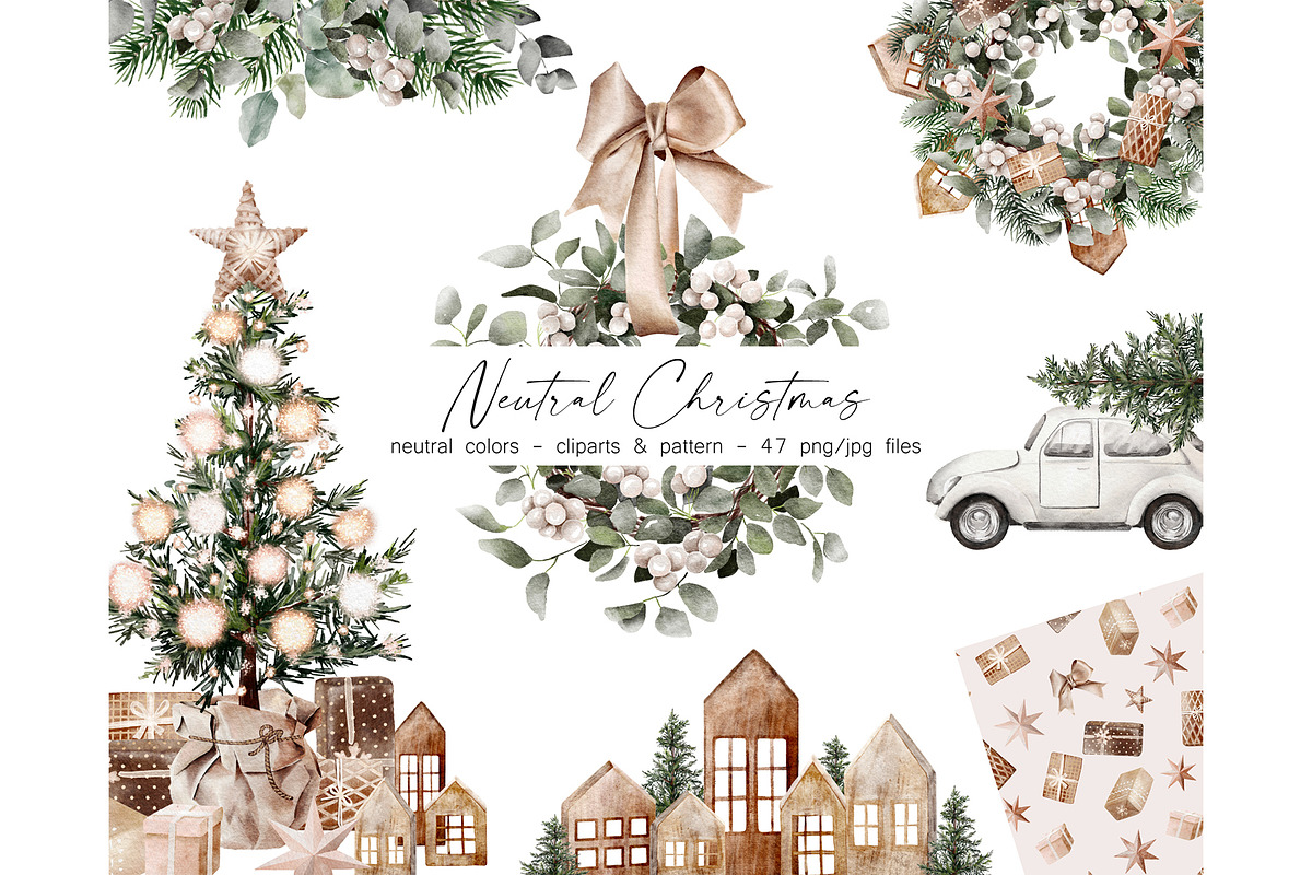Watercolor Neutral Christmas clipart, a Seasonal Illustration by Lemon design (Photo 1 of 11)