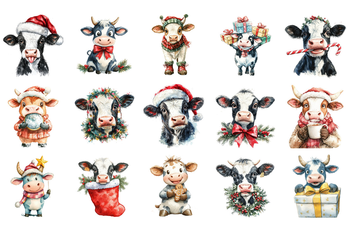 Funny Christmas Cow Clipart Bundle, an Illustration by Designking (Photo 2 of 5)