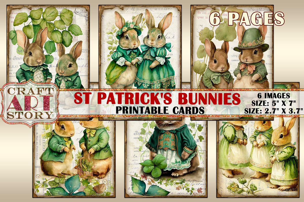 Vintage St Patrick's Day bunnies, an Animal Illustration by CraftArtStory (Photo 1 of 3)
