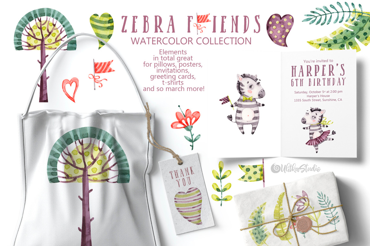 Watercolor nursery cute Zebra friend, an Animal Illustration by UlitkaStudio (Photo 6 of 11)