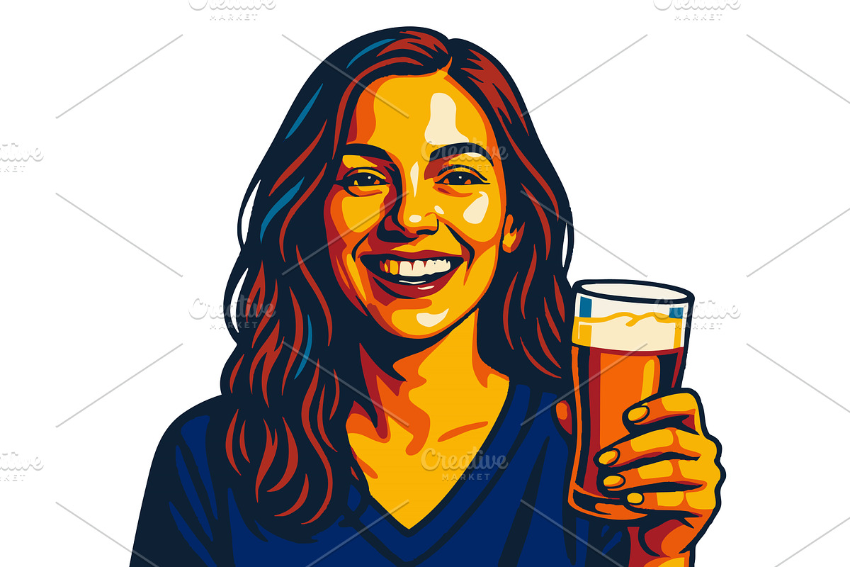 Smiling Woman Holding Beer in Pop, a Person Illustration by AlexArt
