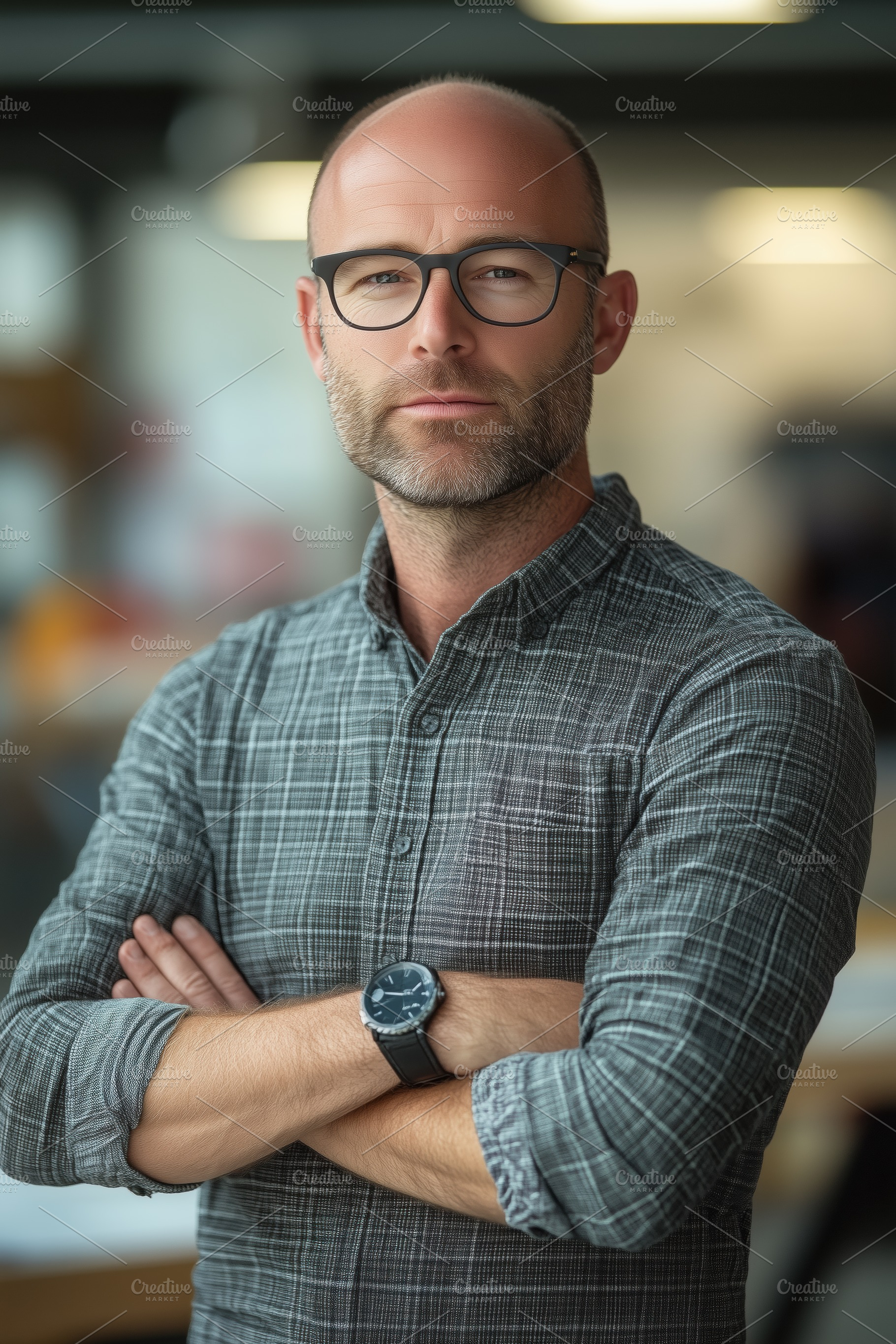 A confident industrial designer man with glasses stands with arms crossed, wear, a Person Photo by Textures & Backgrounds