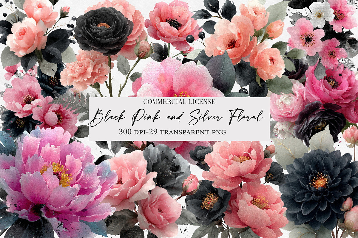Black Pink and Silver Floral Clipart, an Illustration by Designworld (Photo 1 of 6)