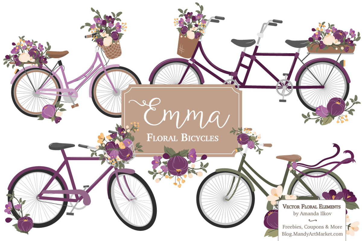 Plum Floral Bicycle Vector Clipart, an Illustration by Amanda Ilkov (Photo 1 of 5)