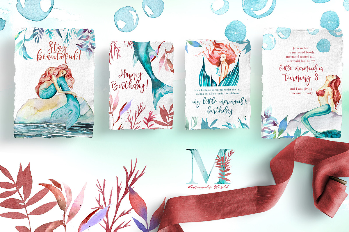 Watercolor Mermaid's World Clipart, a Person Illustration by ArtCreationsDesign (Photo 5 of 8)