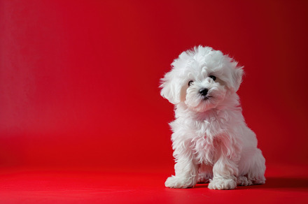 Fluffy Maltese Puppy Against Striking Red, Full of Cuteness and, an Animal Photo by José Manuel Gelpi