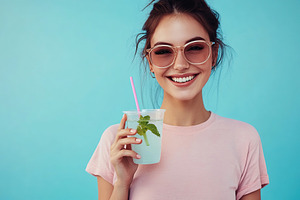 Smiling young woman enjoying drink against vibrant blue background in summer, a Person Photo by AlyaAnd