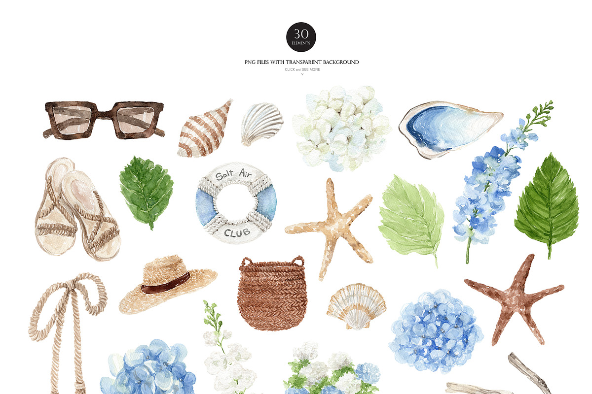 Watercolor Nantucket Summer Clipart, a Decorative Illustration by Beigetime (Photo 3 of 9)