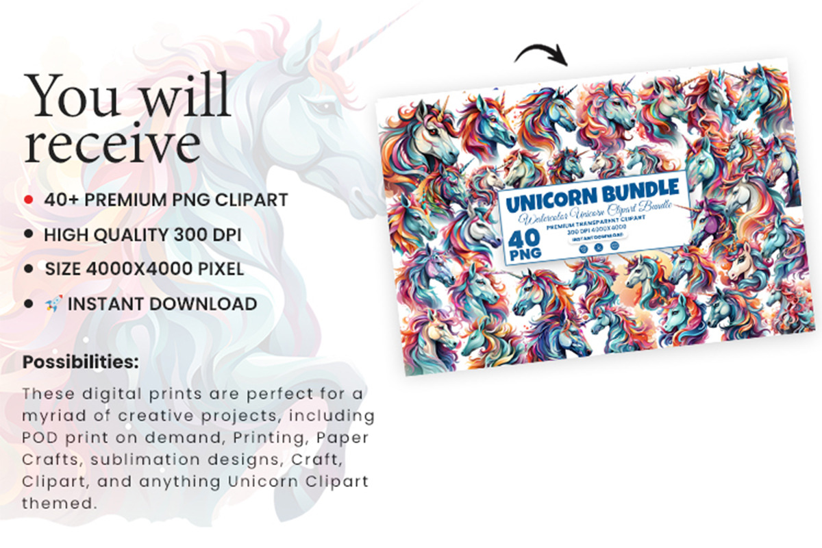 40 Watercolor Cute Unicorn Clipart, an Animal Illustration by Creative Arslan (Photo 4 of 7)