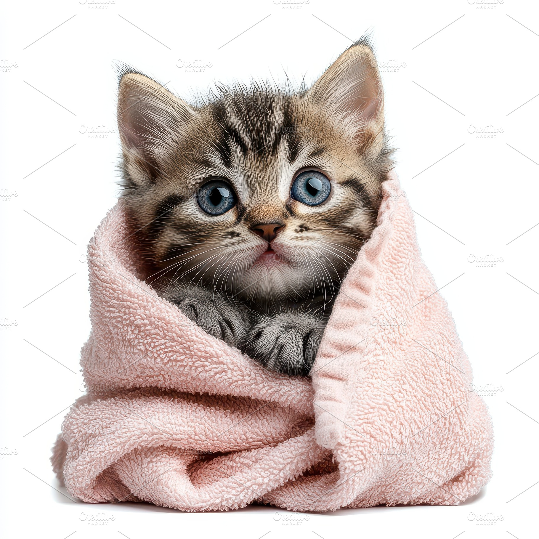 Adorable Kitten Wrapped in Pink Towe, an Animal Photo by Pixeness Studio