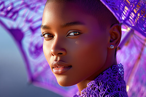 Striking young African woman holding a purple umbrella against a soft, illumina, a Person Photo by AlyaAnd