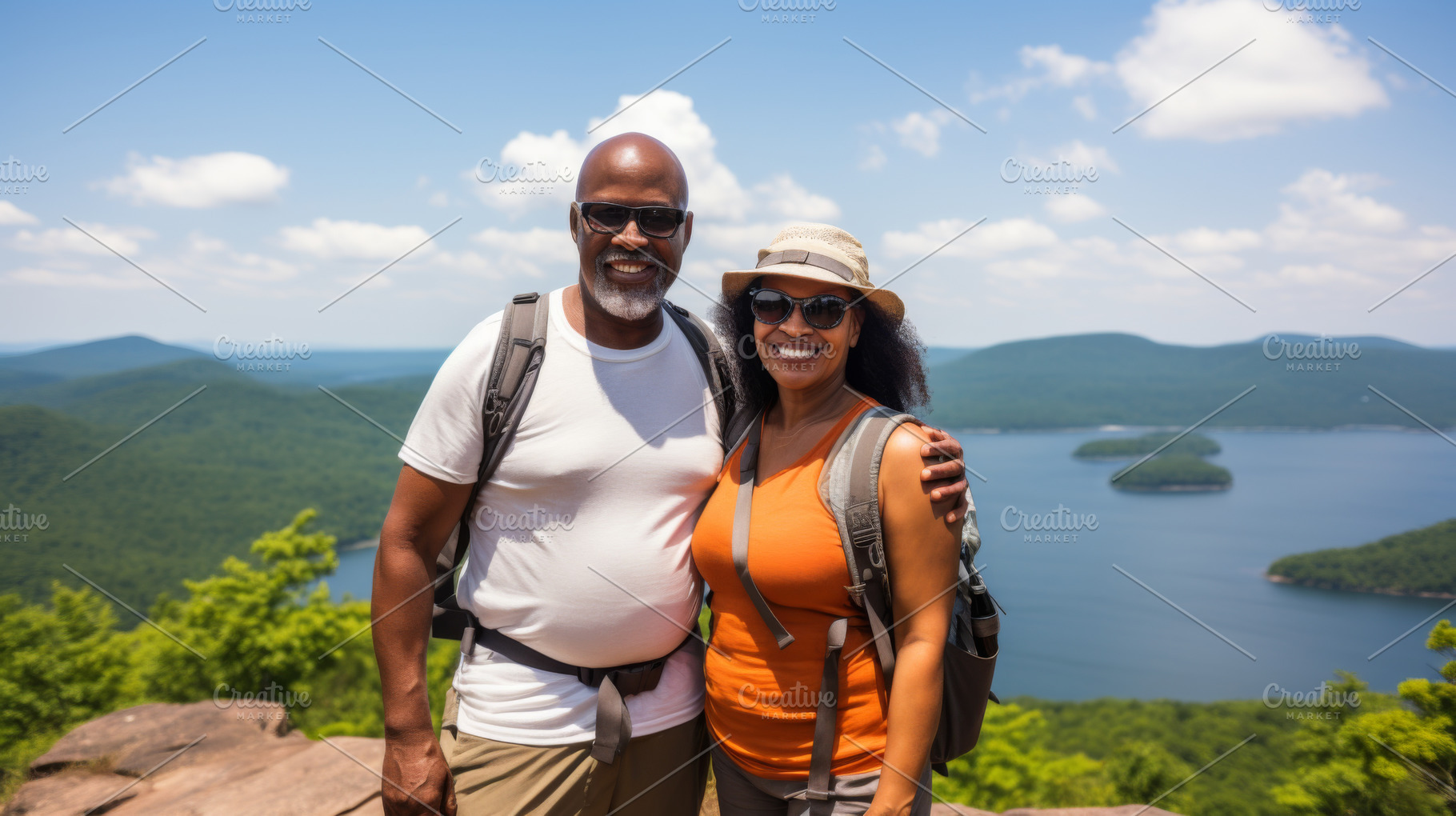 Mixed race couple hiking scenic moun, a Photo by Dvoevnore photos