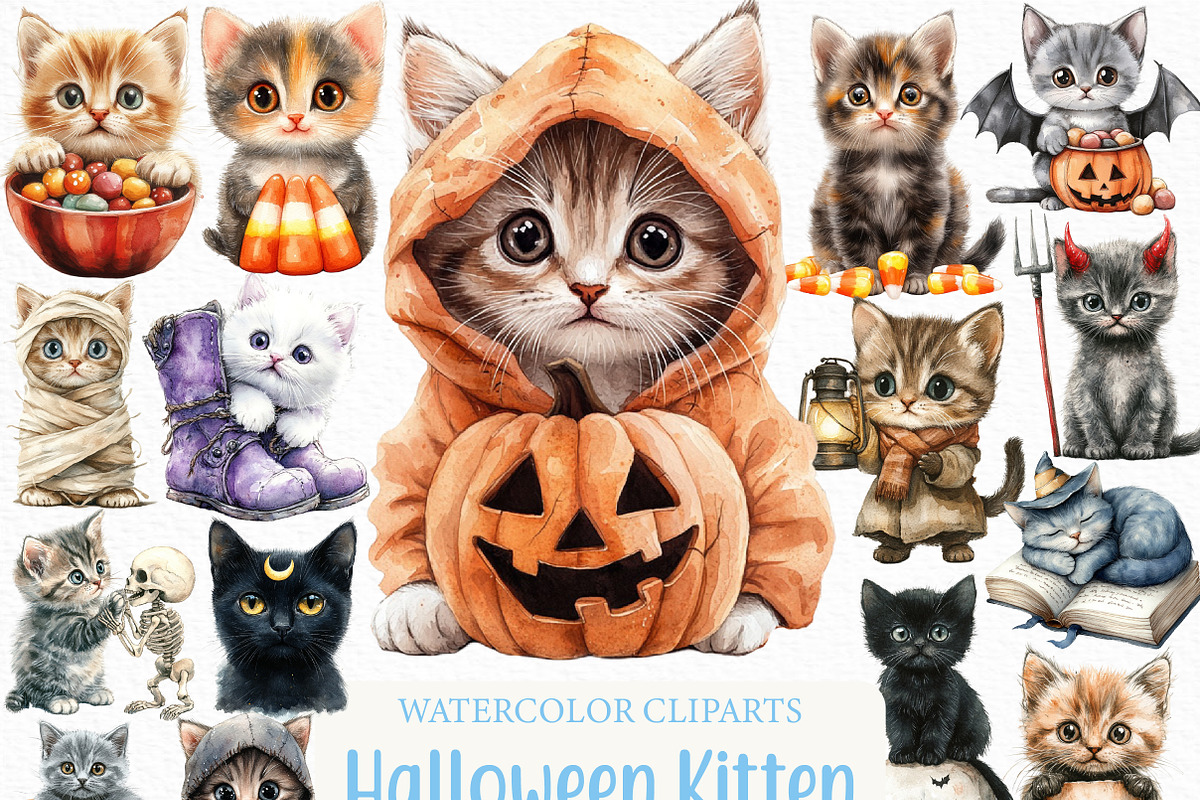 Watercolor Halloween Kitten Clipart, an Illustration by Craft Nest (Photo 1 of 6)
