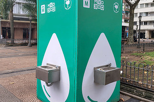 Water dispenser module on plaza cagancha sidewalk, montevideo, u, an Industrial Photo by DanFLCreativo
