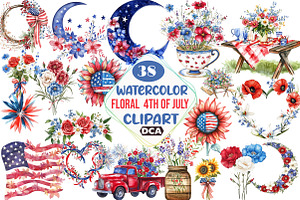 watercolor floral 4th of july, an Illustration by DreamCafeArt