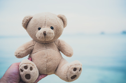 Bear doll in hands. Beach and sea background. Childhood and past, a Nature Photo by Ministocker