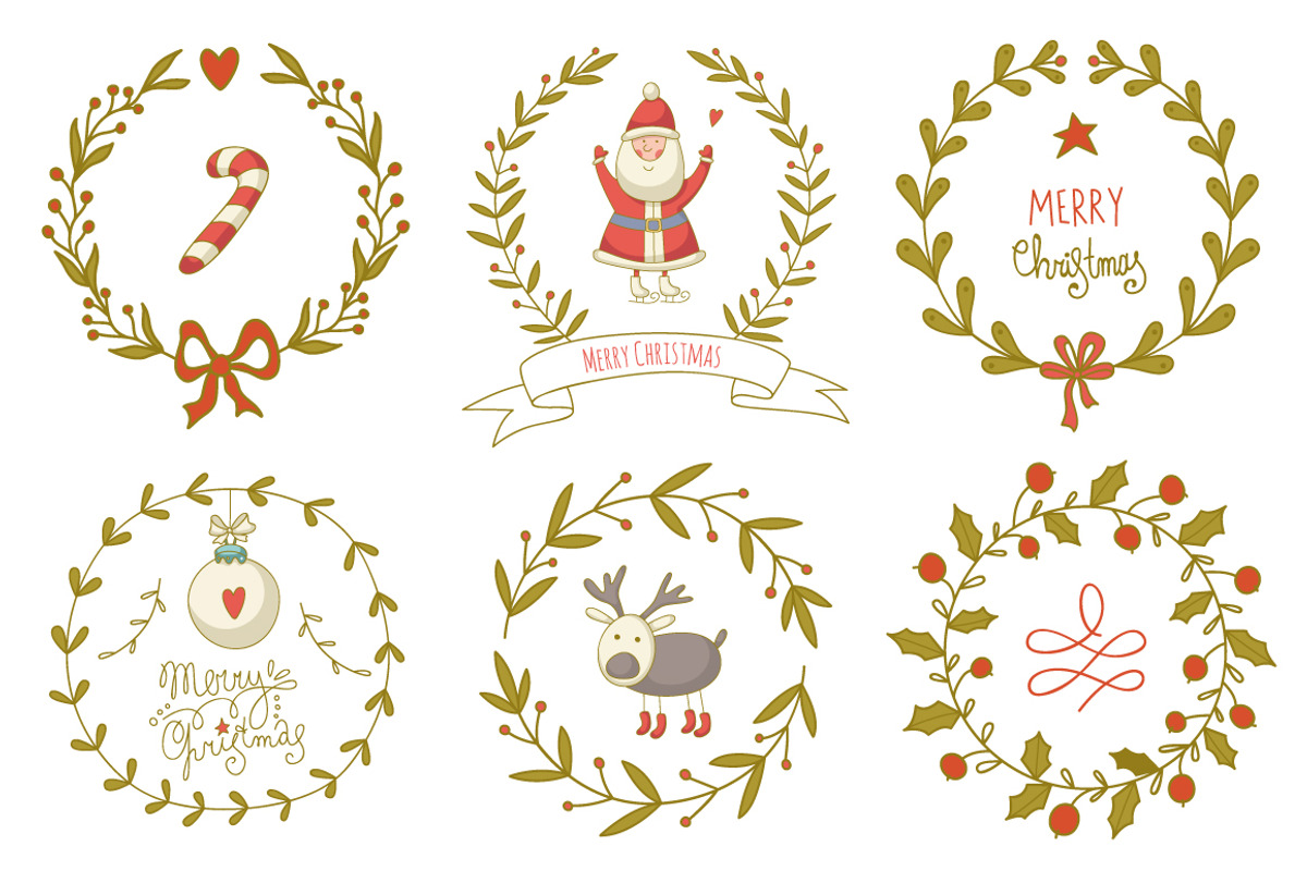 Hand drawn Christmas wreaths set, an Illustration by Blue Ink Studio
