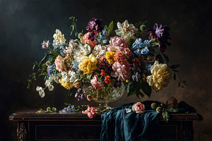 Ornate still life painting with vibrant blooming flowers in a cr, a Photo by Studio ANNA