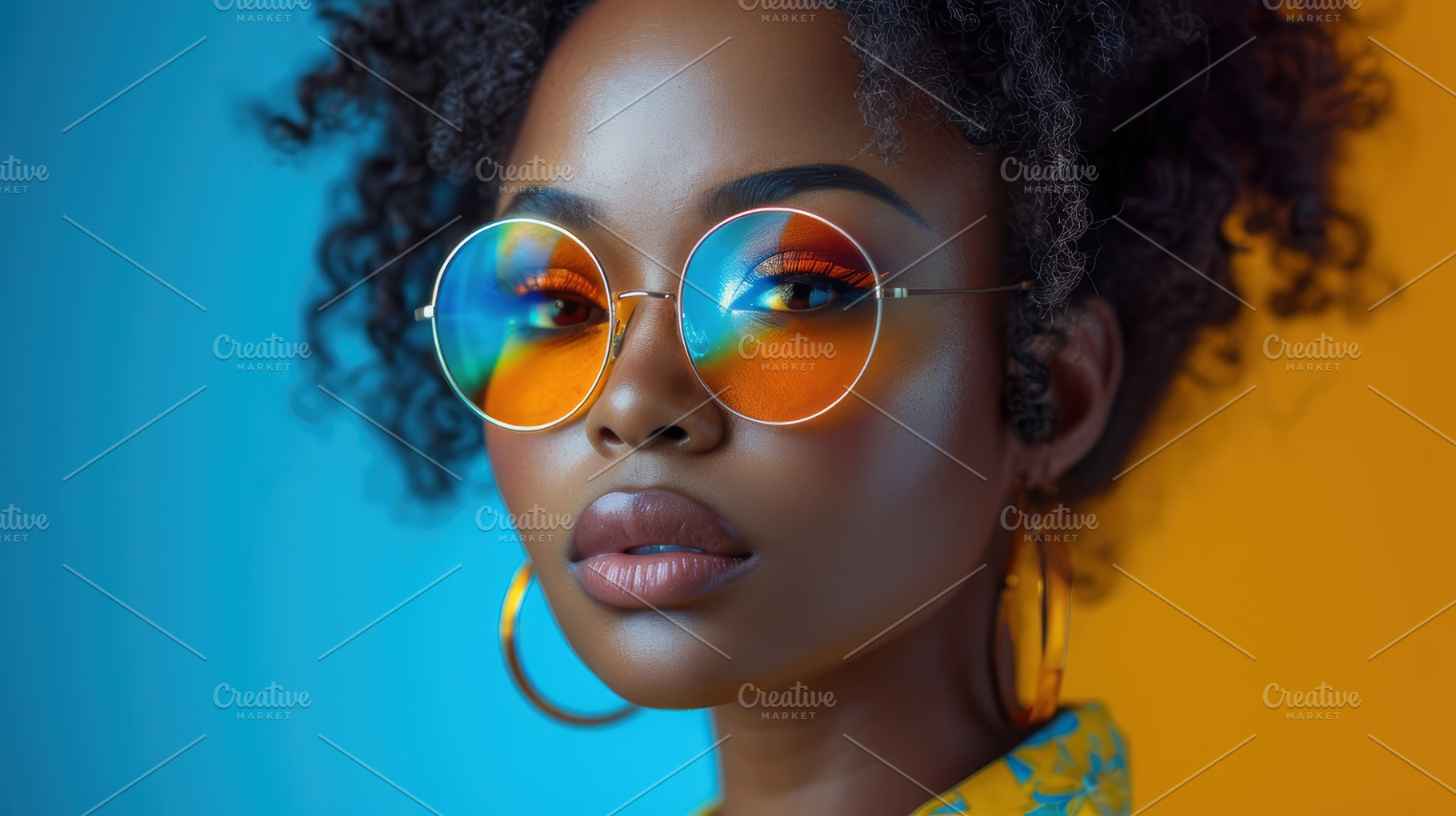 Stylish African American Woman with Rainbow Glasses against Blue Background, a Photo by AS photostudio
