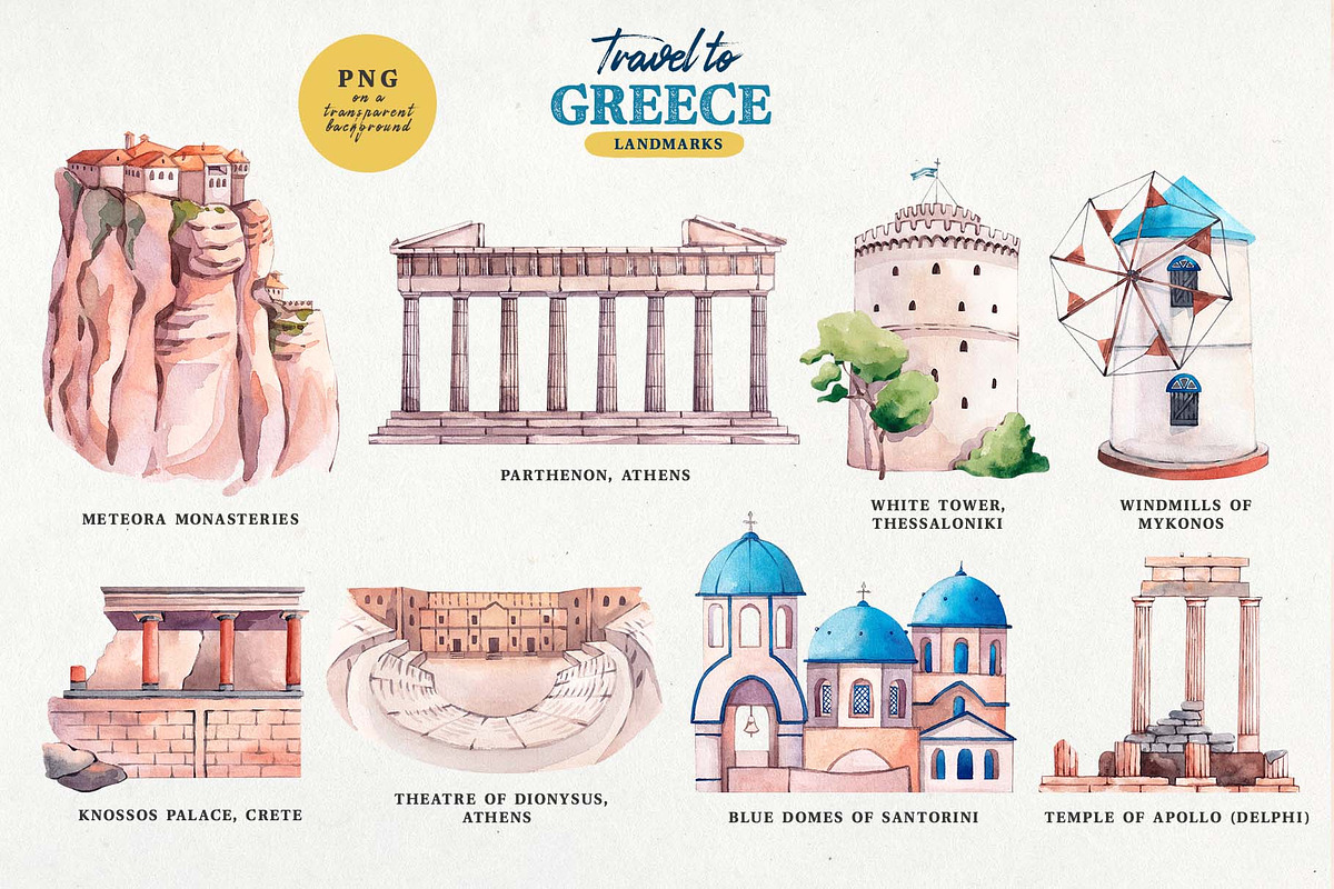 Watercolor Greece. Clipart set, an Object Illustration by VerAna (Photo 2 of 13)