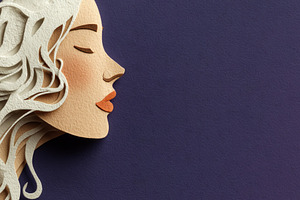 Paper cut style female profile with flowing white hair on purple, a Photo by José Manuel Gelpi