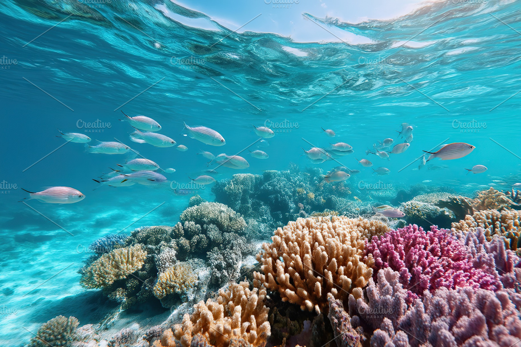 Vibrant coral reef thriving with colorful fish in crystal clear water, a Photo by AlyaAnd