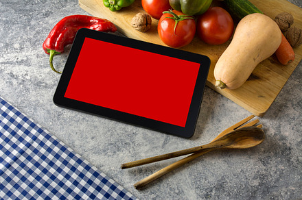 Menu digital tablet with fresh veget stock photo, a Food & Drink Photo by SZ IMAGE