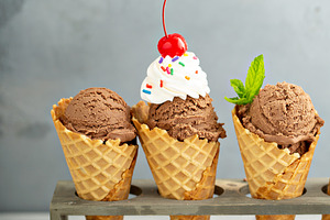 Chocolate ice cream in waffle cones