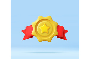 3D star award badge with red ribbons, an Object Illustration by ModVector