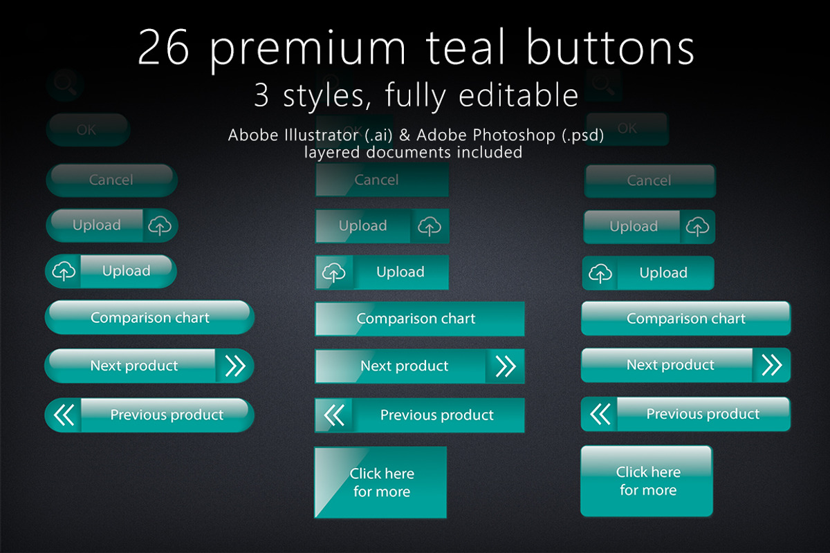 26 glossy teal buttons, an UI Kit Template by DutchDigitalDesign