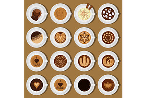 Coffee Cups Top View Collection Vector Illustration Different Assortment