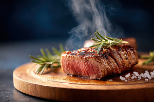 Grilled steak with rosemary on wooden board, a Food & Drink Photo by AlyaAnd