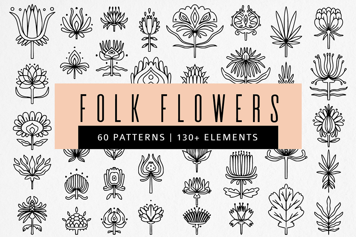 FOLK FLOWERS patterns, elements, an Outline Icon by Lena Nikolaeva (Photo 1 of 12)
