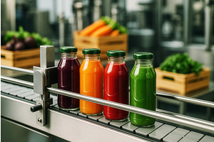Colorful bottles of fresh juice, an Illustration by Sergey Kotenev