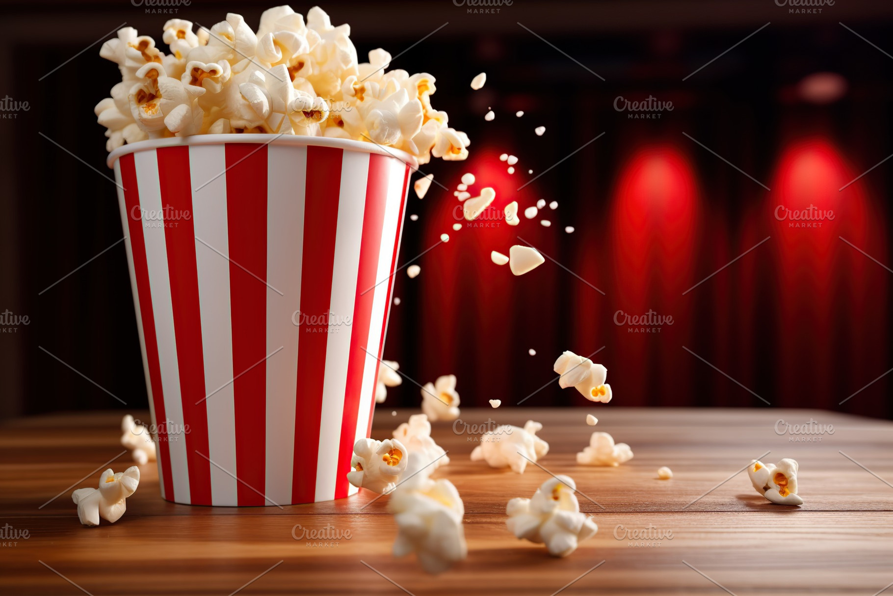Paper cup with popcorn on wooden background, a Food & Drink Photo by AlyaAnd