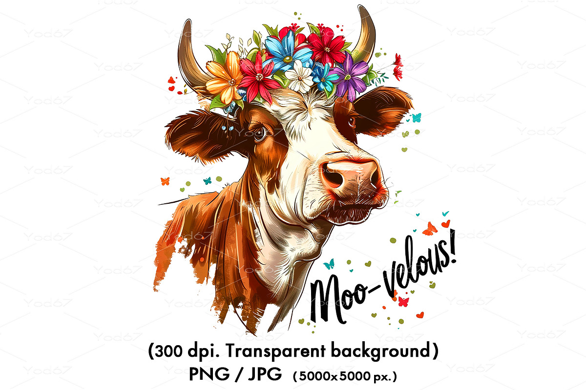 Colorful cow wearing a flower crown., an Animal Illustration by yod67 (Photo 1 of 8)