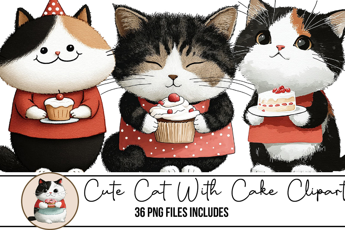 Cute Cat With Cake Clipart, an Illustration by DreamArtGraphic (Photo 1 of 4)