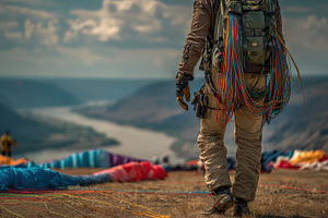 Paraglider walking away from colorfu, a Photo by Pixeness Studio
