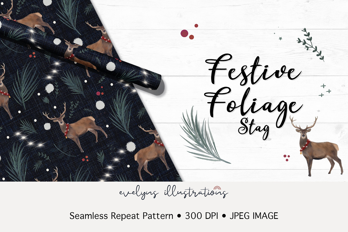 Festive Foliage Stag Seamless, a Pattern Graphic by Evelyns Illustrations