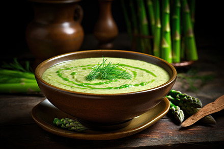 Asparagus cream soup in plate, a Food & Drink Photo by AlyaAnd