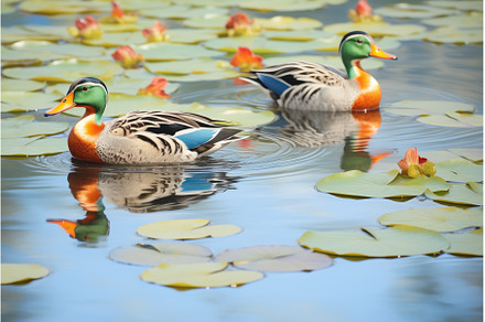 mallards drifting near pond lilies, an Animal Photo by Sergey Kotenev