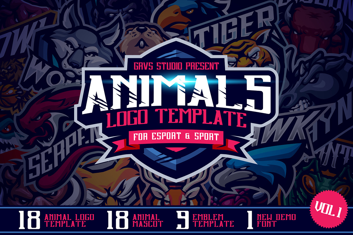 Animals Mascot Logo Template, an Animal Illustration by GRVS Studio, image size:1200x800