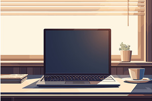 Laptop on the table in the room near, a Technology Illustration by LadadikArt